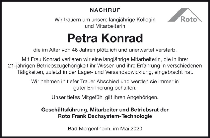  Traueranzeige für Petra Konrad vom 09.05.2020 aus Fränkische Nachrichten