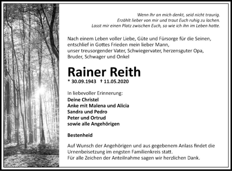  Traueranzeige für Rainer Reith vom 23.05.2020 aus Fränkische Nachrichten