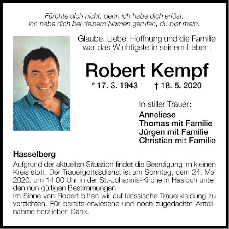  Traueranzeige für Robert Kempf vom 22.05.2020 aus Fränkische Nachrichten