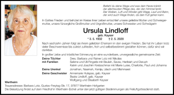 Traueranzeige von Ursula Lindloff von Fränkische Nachrichten