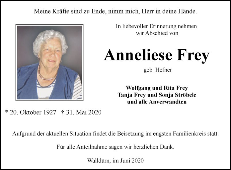  Traueranzeige für Anneliese Frey vom 03.06.2020 aus Fränkische Nachrichten