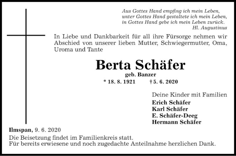  Traueranzeige für Berta Schäfer vom 09.06.2020 aus Fränkische Nachrichten