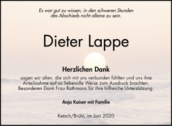 Traueranzeige von Dieter Lappe von Schwetzinger Zeitung