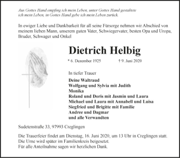 Traueranzeige von Dietrich Helbig von Fränkische Nachrichten