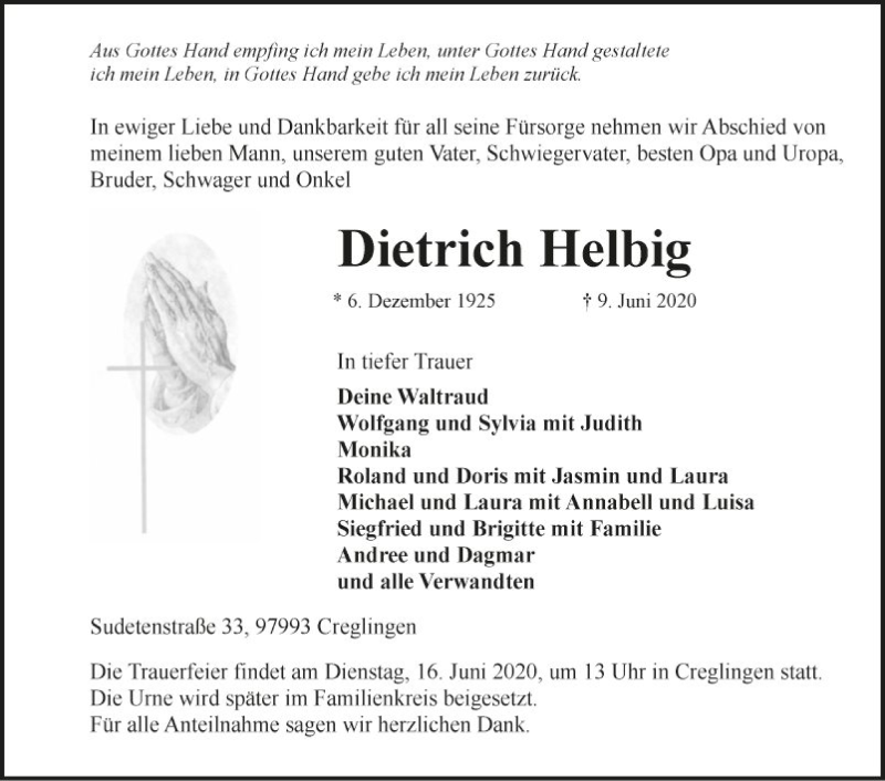  Traueranzeige für Dietrich Helbig vom 13.06.2020 aus Fränkische Nachrichten