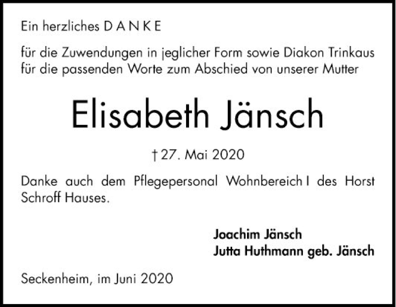  Traueranzeige für Elisabeth Jänsch vom 20.06.2020 aus Mannheimer Morgen