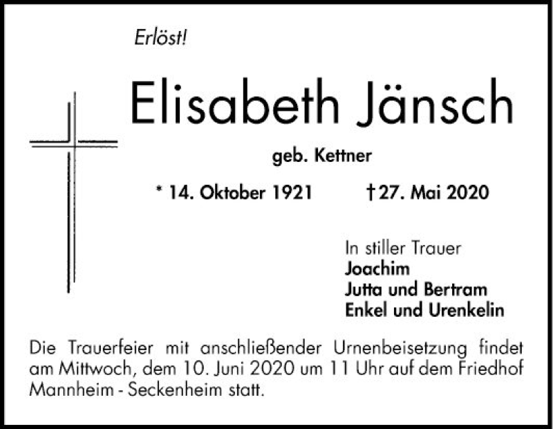  Traueranzeige für Elisabeth Jänsch vom 06.06.2020 aus Mannheimer Morgen