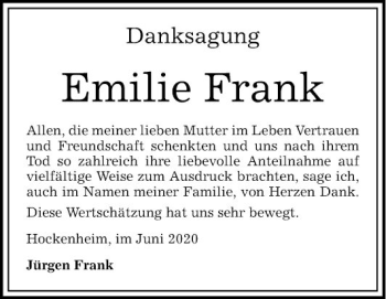 Traueranzeige von Emilie Frank von Schwetzinger Zeitung