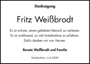 Traueranzeige von Fritz Weißbrodt von Schwetzinger Zeitung