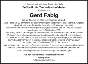 Traueranzeige von Gerd Fabig von Fränkische Nachrichten