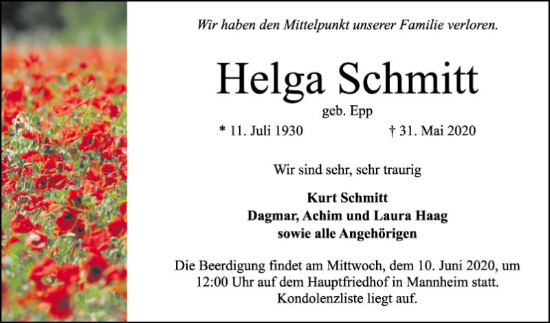  Traueranzeige für Helga Schmitt vom 06.06.2020 aus Mannheimer Morgen