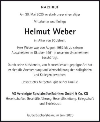 Traueranzeige von Helmut Weber von Fränkische Nachrichten