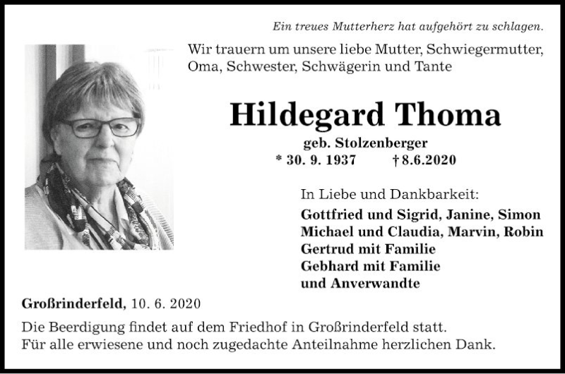  Traueranzeige für Hildegard Thoma vom 10.06.2020 aus Fränkische Nachrichten