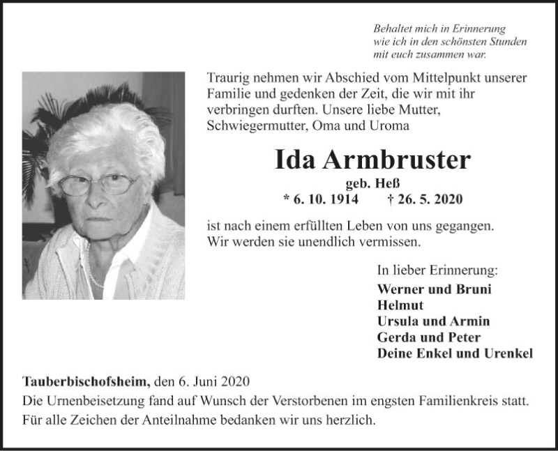  Traueranzeige für Ida Armbruster vom 06.06.2020 aus Fränkische Nachrichten