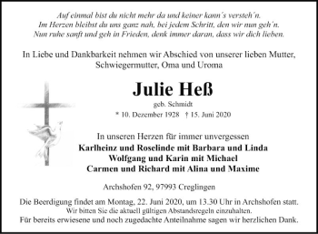 Traueranzeige von Julie Heß von Fränkische Nachrichten