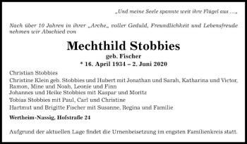Traueranzeige von Mechthild Stobbies von Fränkische Nachrichten