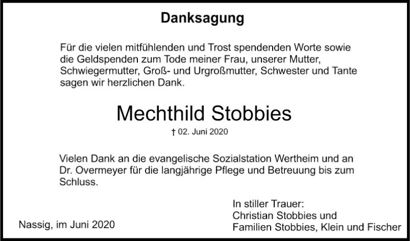  Traueranzeige für Mechthild Stobbies vom 20.06.2020 aus Fränkische Nachrichten
