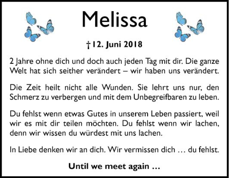  Traueranzeige für Melissa Diehl vom 12.06.2020 aus Bergsträßer Anzeiger