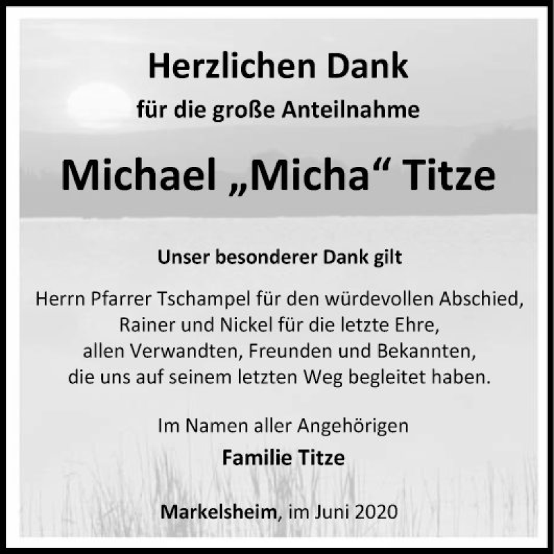  Traueranzeige für Michael Titze vom 20.06.2020 aus Fränkische Nachrichten