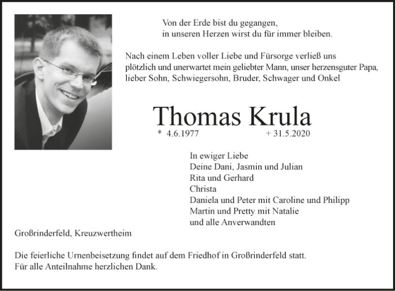  Traueranzeige für Thomas Krula vom 06.06.2020 aus Fränkische Nachrichten