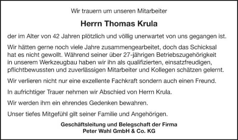  Traueranzeige für Thomas Krula vom 09.06.2020 aus Fränkische Nachrichten