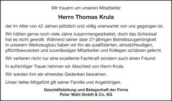 Traueranzeige von Thomas Krula von Fränkische Nachrichten