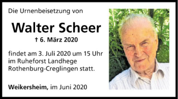 Traueranzeige von Walter Scheer von Fränkische Nachrichten