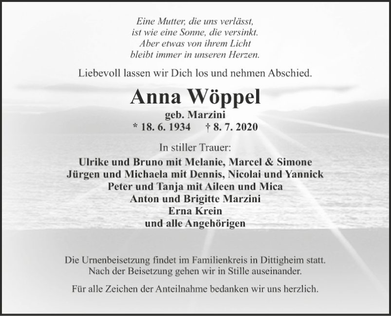  Traueranzeige für Anna Wöppel vom 17.07.2020 aus Fränkische Nachrichten