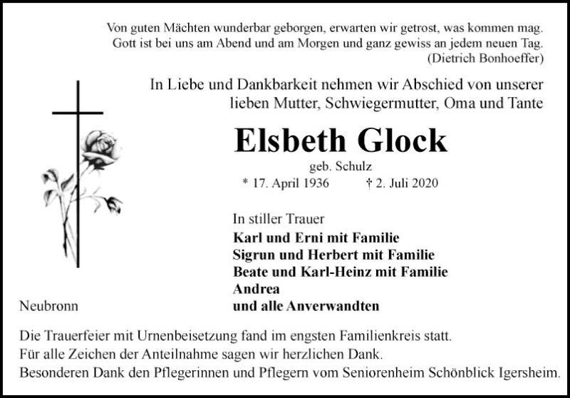  Traueranzeige für Elsbeth Glock vom 24.07.2020 aus Fränkische Nachrichten