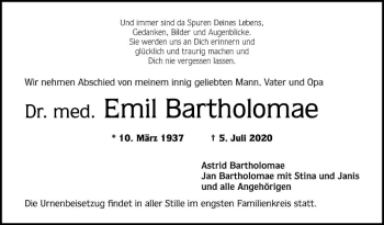 Traueranzeige von Emil Bartholomae von Mannheimer Morgen