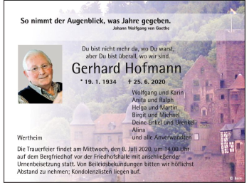Traueranzeige von Gerhard Hofmann von Fränkische Nachrichten