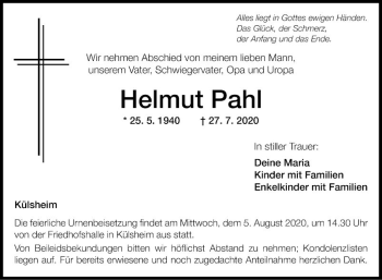 Traueranzeige von Helmut Pahl von Fränkische Nachrichten