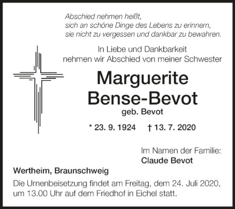  Traueranzeige für Marguerite Bense-Bevot vom 22.07.2020 aus Fränkische Nachrichten