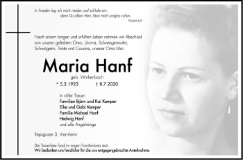 Traueranzeige von Maria Hanf von Südhessen Morgen