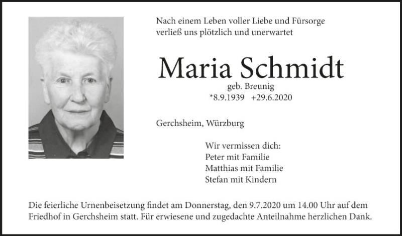  Traueranzeige für Maria Schmidt vom 04.07.2020 aus Fränkische Nachrichten