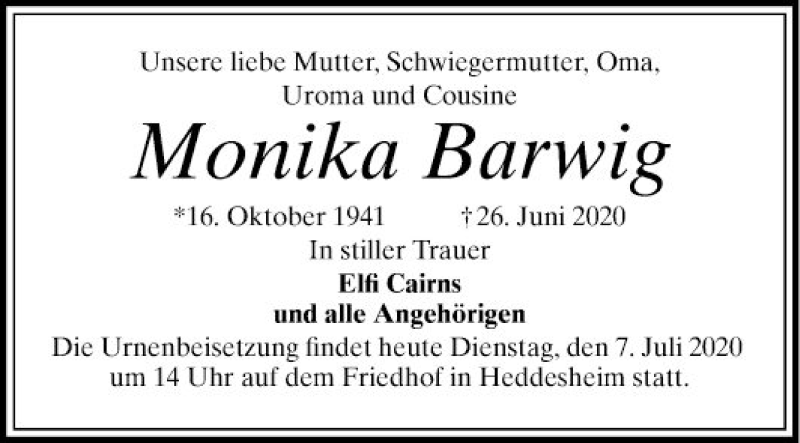  Traueranzeige für Monika Barwig vom 07.07.2020 aus Mannheimer Morgen