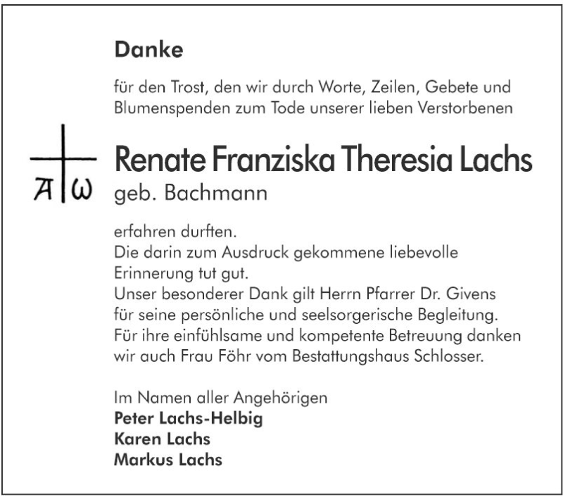 Traueranzeige für Renate Franziska Theresia Lachs vom 18.07.2020 aus Südhessen Morgen
