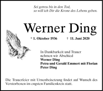 Traueranzeige von Werner Ding von Mannheimer Morgen