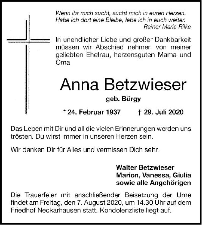  Traueranzeige für Anna Betzwieser vom 01.08.2020 aus Mannheimer Morgen