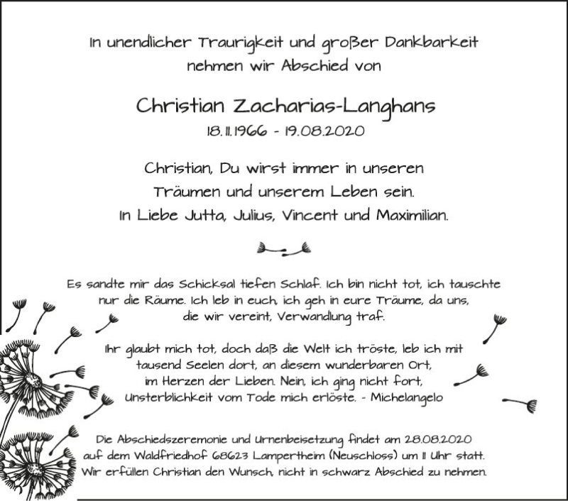  Traueranzeige für Christian Zacharias-Langhans vom 26.08.2020 aus Mannheimer Morgen