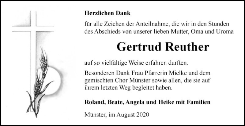  Traueranzeige für Gertrud Reuther vom 28.08.2020 aus Fränkische Nachrichten