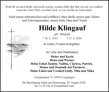 Traueranzeige von Hilde Klingauf von Fränkische Nachrichten