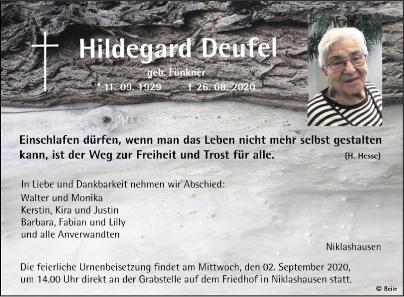  Traueranzeige für Hildegard Deufel vom 31.08.2020 aus Fränkische Nachrichten