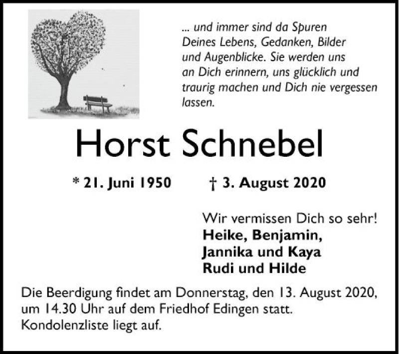  Traueranzeige für Horst Schnebel vom 08.08.2020 aus Mannheimer Morgen