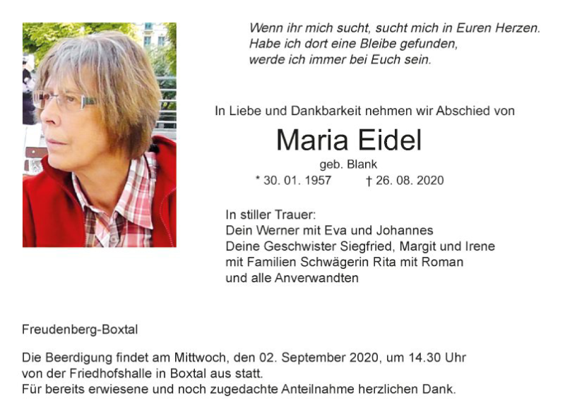  Traueranzeige für Maria Eidel vom 29.08.2020 aus Fränkische Nachrichten