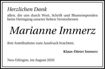 Traueranzeige von Marianne Immerz von Mannheimer Morgen