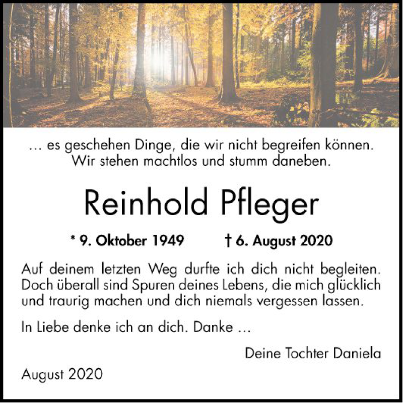  Traueranzeige für Reinhold Pfleger vom 22.08.2020 aus Bergsträßer Anzeiger