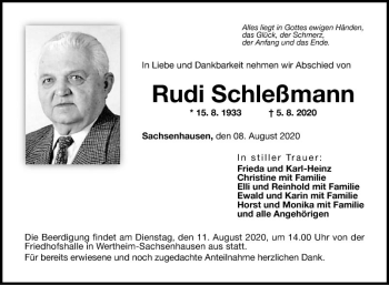 Traueranzeige von Rudi Schießmann von Fränkische Nachrichten