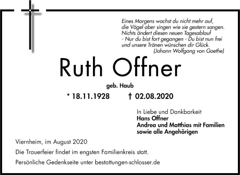 Traueranzeige für Ruth Offner vom 08.08.2020 aus Mannheimer Morgen