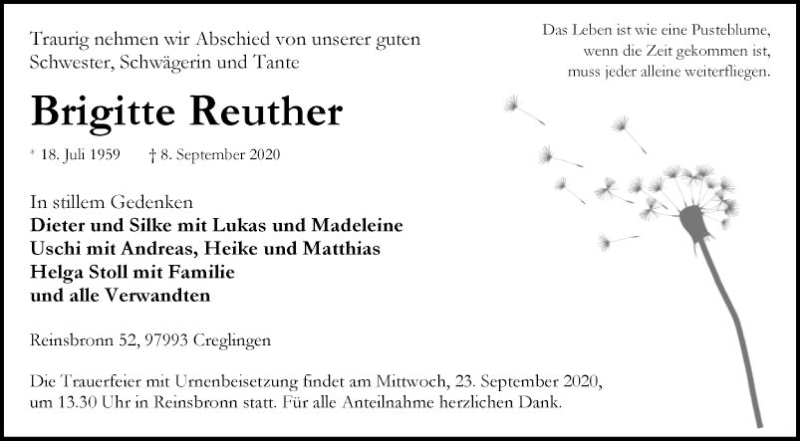  Traueranzeige für Brigitte Reuther vom 19.09.2020 aus Fränkische Nachrichten